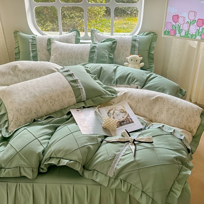 91家纺网 家纺一手货源 找家纺 金米诺 2024新款蝴蝶结韩版蕾丝花边床裙四件套 悠悠香草-米杏