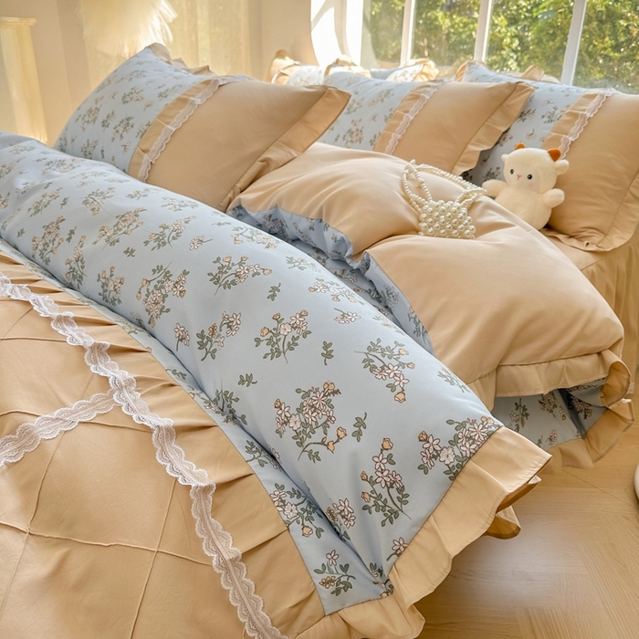 91家纺网 家纺一手货源 找家纺 金米诺 2024新款蝴蝶结韩版蕾丝花边床裙四件套 苏雅-天空蓝