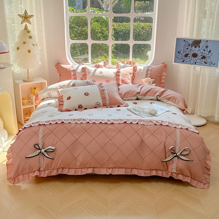 91家纺网 家纺一手货源 找家纺 金米诺 2024新款蝴蝶结韩版蕾丝花边床裙四件套 锦恋-太妃咖