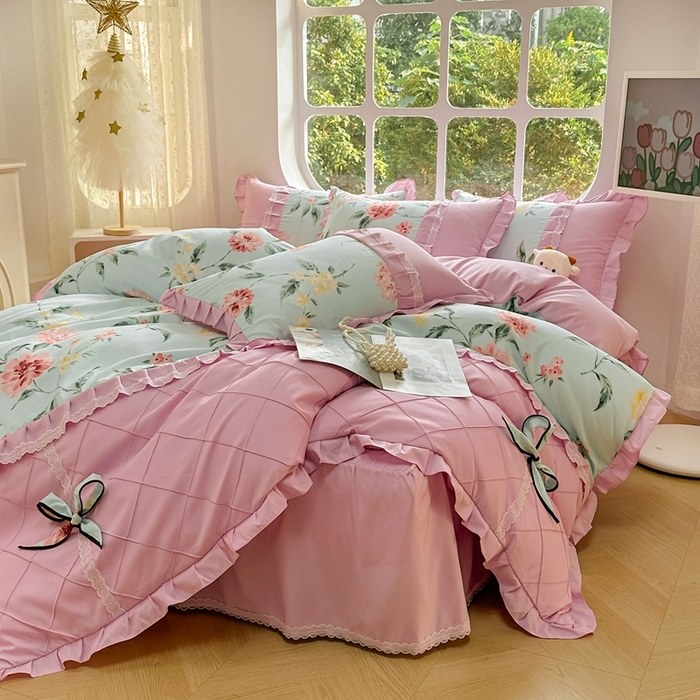 91家纺网 家纺一手货源 找家纺 金米诺 2024新款蝴蝶结韩版蕾丝花边床裙四件套 思郁法情-浅蓝