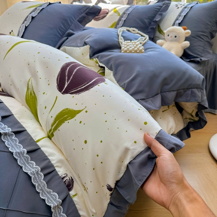 91家纺网 家纺一手货源 找家纺 金米诺 2024新款蝴蝶结韩版蕾丝花边床裙四件套 花暖迎春-米