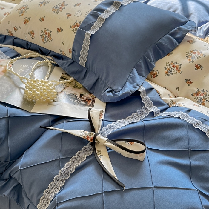 91家纺网 家纺一手货源 找家纺 金米诺 2024新款蝴蝶结韩版蕾丝花边床裙四件套 爱丽丝花园