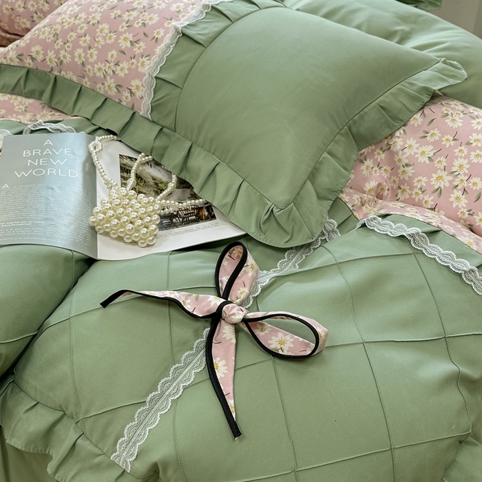 91家纺网 家纺一手货源 找家纺 金米诺 2024新款蝴蝶结韩版蕾丝花边床裙四件套 小雏菊-樱花粉