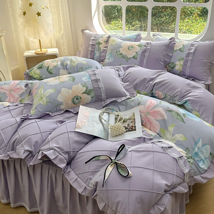 91家纺网 家纺一手货源 找家纺 金米诺 2024新款蝴蝶结韩版蕾丝花边床裙四件套 雨后花园-清新灰