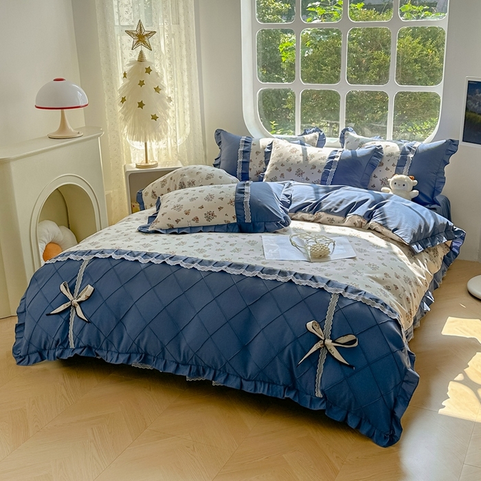 91家纺网 家纺一手货源 找家纺 金米诺 2024新款蝴蝶结韩版蕾丝花边床裙四件套 爱丽丝花园