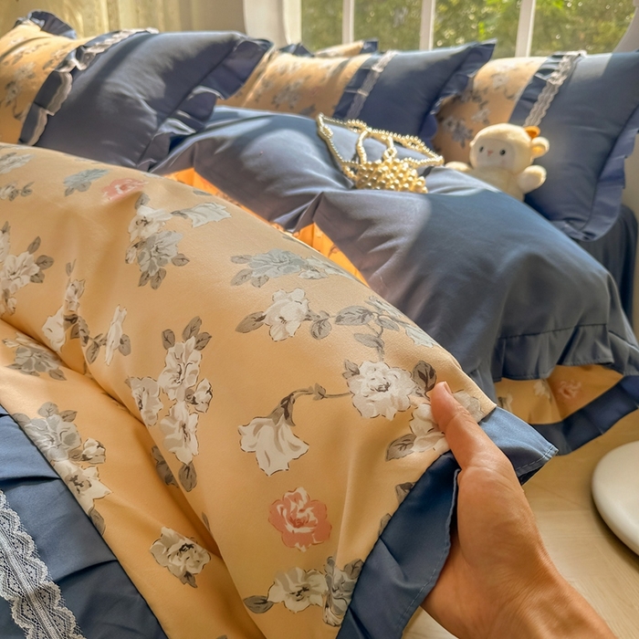 91家纺网 家纺一手货源 找家纺 金米诺 2024新款蝴蝶结韩版蕾丝花边床裙四件套 莫颜-浅驼