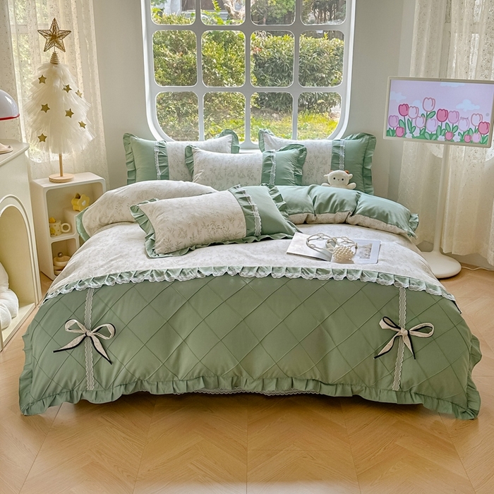 91家纺网 家纺一手货源 找家纺 金米诺 2024新款蝴蝶结韩版蕾丝花边床裙四件套 悠悠香草-米杏