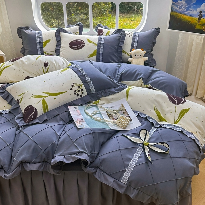 91家纺网 家纺一手货源 找家纺 金米诺 2024新款蝴蝶结韩版蕾丝花边床裙四件套 花暖迎春-米