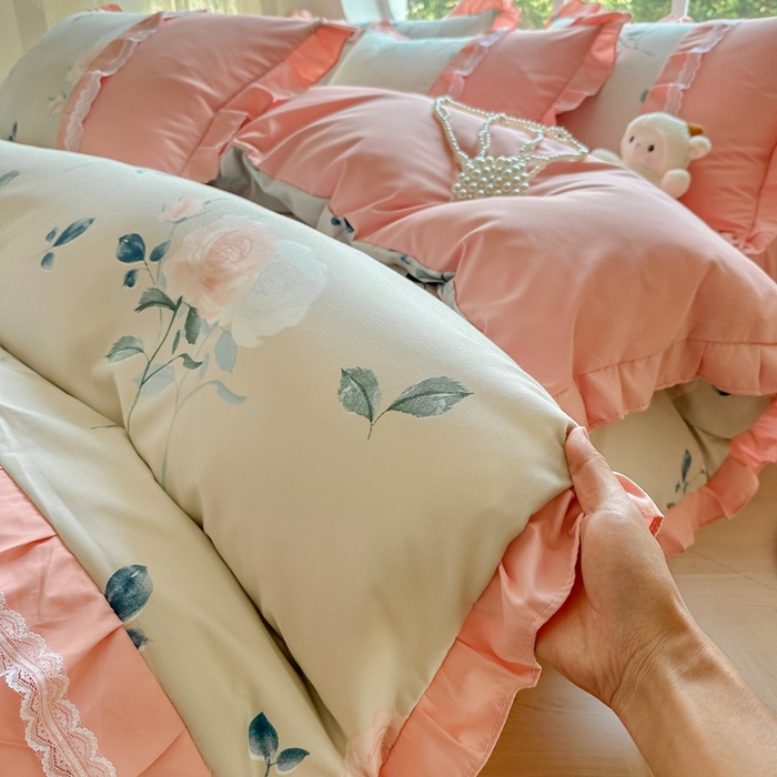 91家纺网 家纺一手货源 找家纺 金米诺 2024新款蝴蝶结韩版蕾丝花边床裙四件套 洛阳花开-米驼