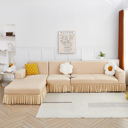 91家纺网 家纺一手货源 找家纺 丝绮鹿 2023新款爆米花裙边贵妃沙发套 米黄