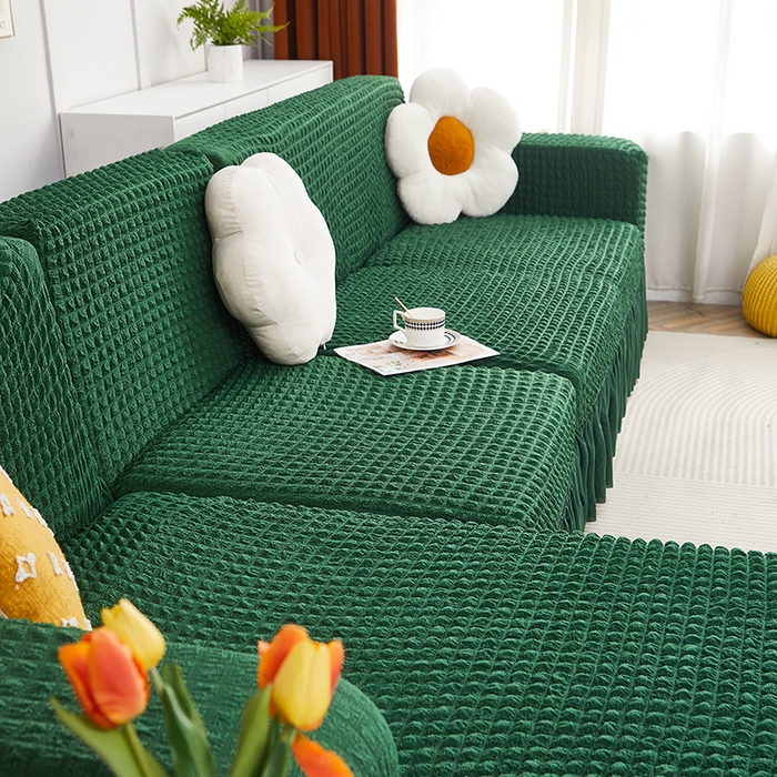 91家纺网 家纺一手货源 找家纺 丝绮鹿 2023新款爆米花裙边贵妃沙发套 墨绿