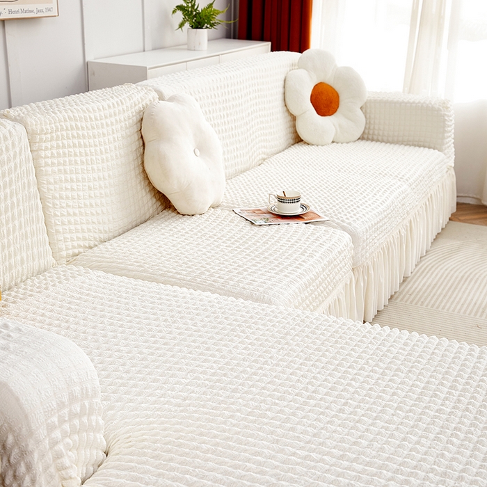 91家纺网 家纺一手货源 找家纺 丝绮鹿 2023新款爆米花裙边贵妃沙发套 乳白