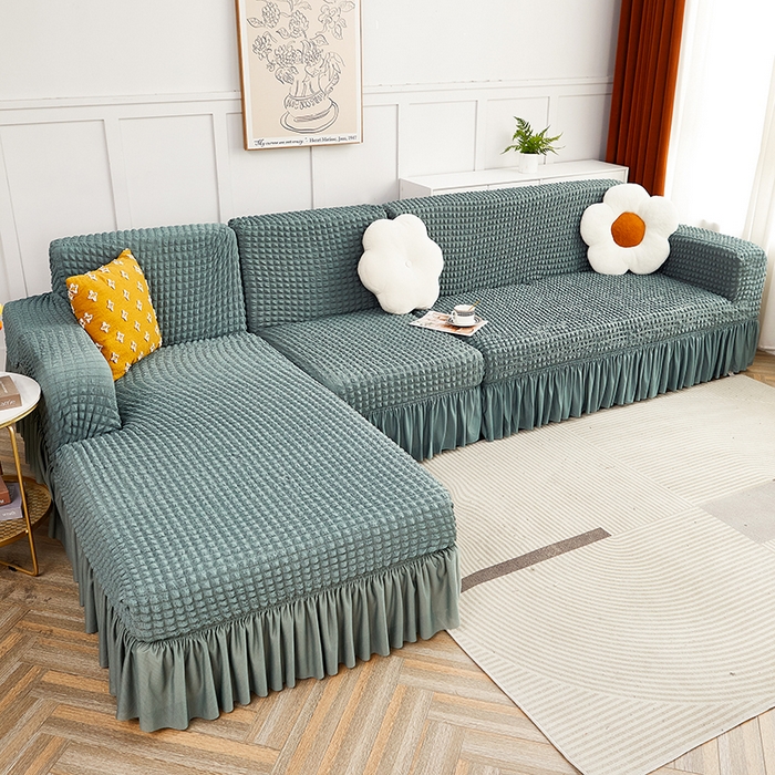 91家纺网 家纺一手货源 找家纺 丝绮鹿 2023新款爆米花裙边贵妃沙发套 绿色