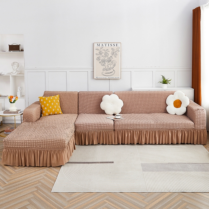 91家纺网 家纺一手货源 找家纺 丝绮鹿 2023新款爆米花裙边贵妃沙发套 驼色