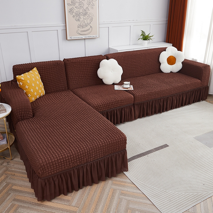 91家纺网 家纺一手货源 找家纺 丝绮鹿 2023新款爆米花裙边贵妃沙发套 咖啡