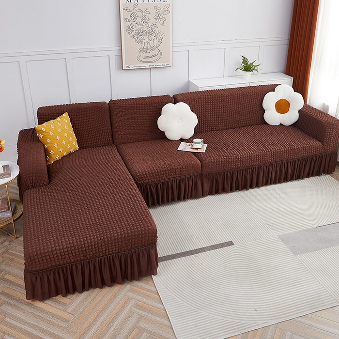 91家纺网 家纺一手货源 找家纺 丝绮鹿 2023新款爆米花裙边贵妃沙发套 咖啡