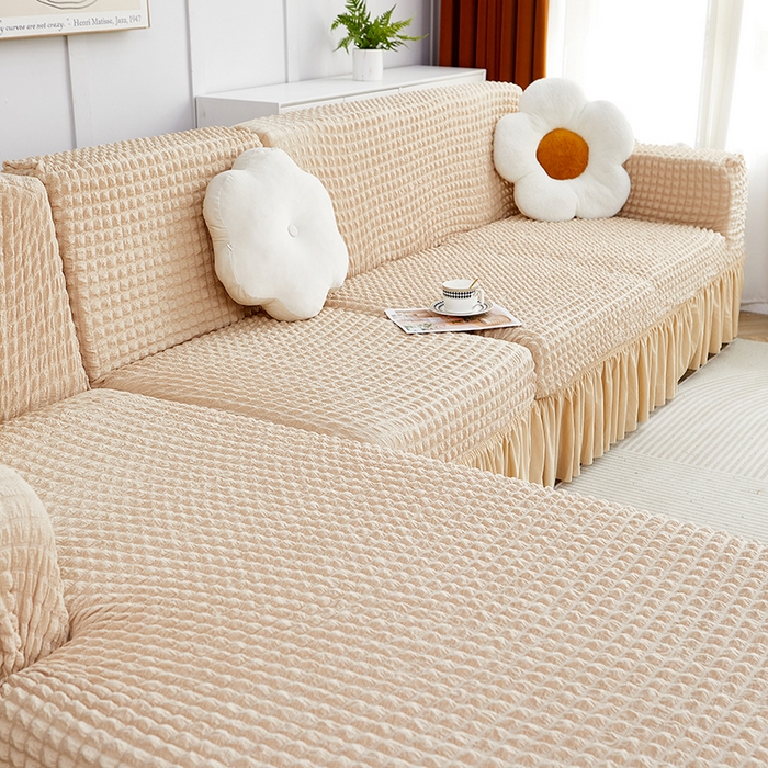 91家纺网 家纺一手货源 找家纺 丝绮鹿 2023新款爆米花裙边贵妃沙发套 米黄