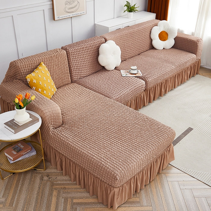 91家纺网 家纺一手货源 找家纺 丝绮鹿 2023新款爆米花裙边贵妃沙发套 驼色