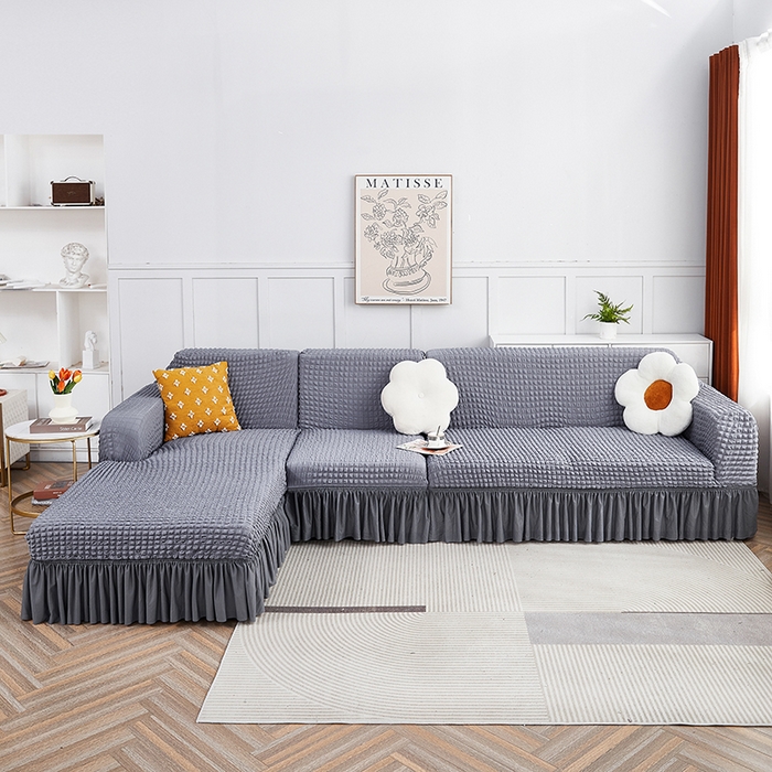 91家纺网 家纺一手货源 找家纺 丝绮鹿 2023新款爆米花裙边贵妃沙发套 银灰