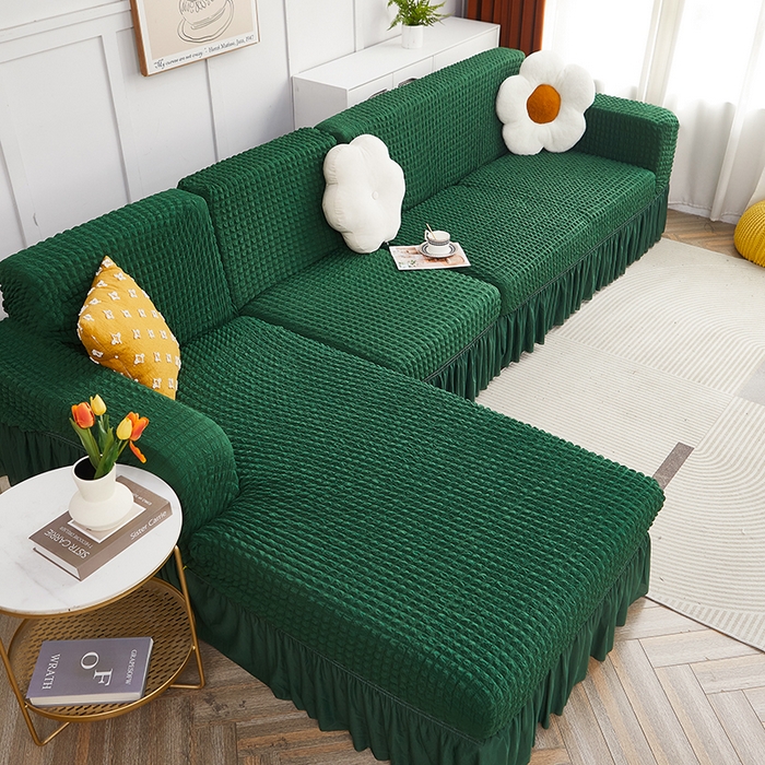 91家纺网 家纺一手货源 找家纺 丝绮鹿 2023新款爆米花裙边贵妃沙发套 墨绿