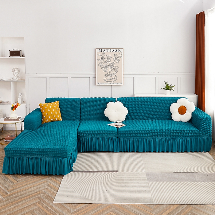 91家纺网 家纺一手货源 找家纺 丝绮鹿 2023新款爆米花裙边贵妃沙发套 黛蓝