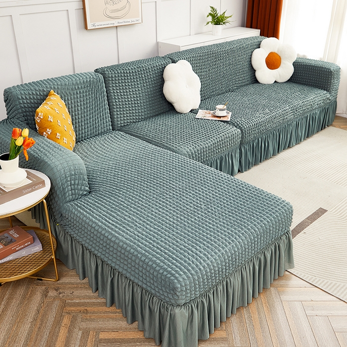 91家纺网 家纺一手货源 找家纺 丝绮鹿 2023新款爆米花裙边贵妃沙发套 绿色