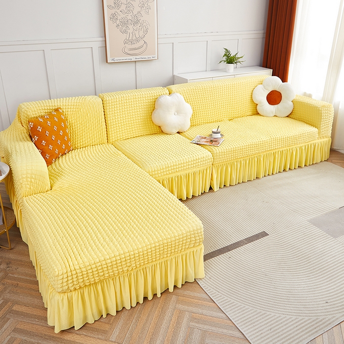 91家纺网 家纺一手货源 找家纺 丝绮鹿 2023新款爆米花裙边贵妃沙发套 柠檬黄