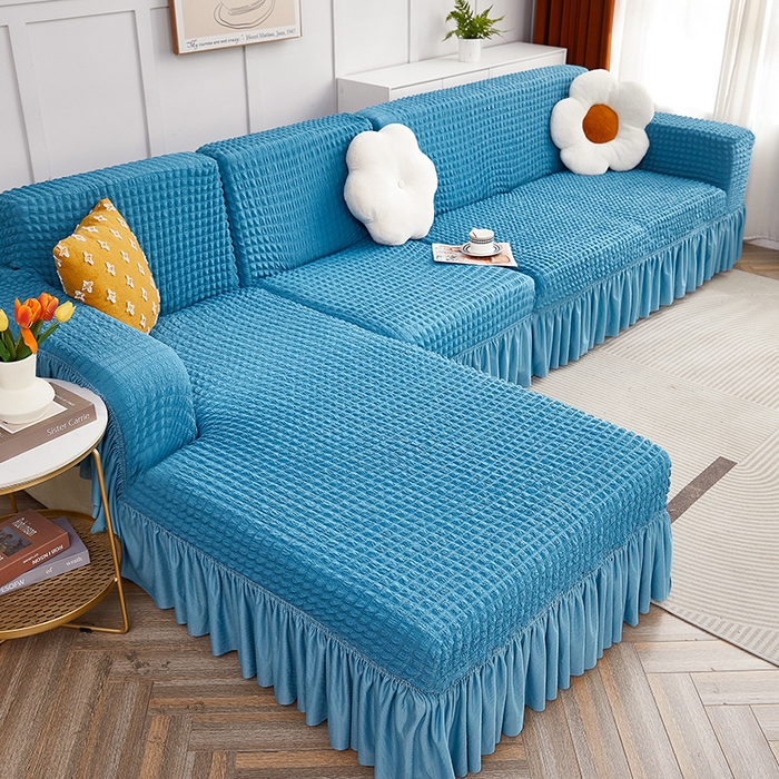 91家纺网 家纺一手货源 找家纺 丝绮鹿 2023新款爆米花裙边贵妃沙发套 湖蓝