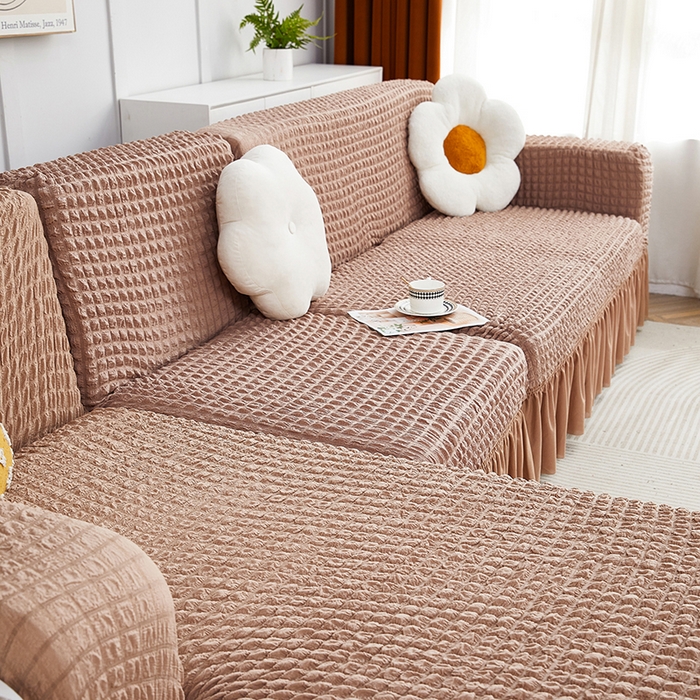 91家纺网 家纺一手货源 找家纺 丝绮鹿 2023新款爆米花裙边贵妃沙发套 驼色