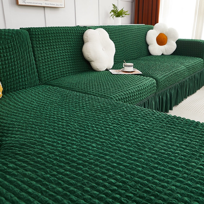 91家纺网 家纺一手货源 找家纺 丝绮鹿 2023新款爆米花裙边贵妃沙发套 墨绿