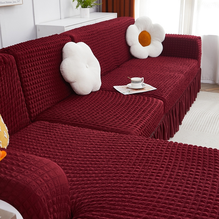 91家纺网 家纺一手货源 找家纺 丝绮鹿 2023新款爆米花裙边贵妃沙发套 酒红