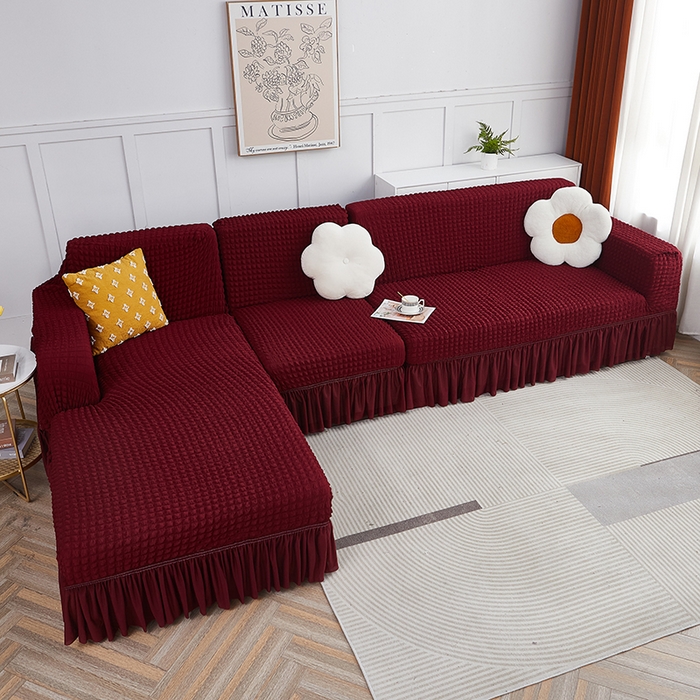 91家纺网 家纺一手货源 找家纺 丝绮鹿 2023新款爆米花裙边贵妃沙发套 酒红