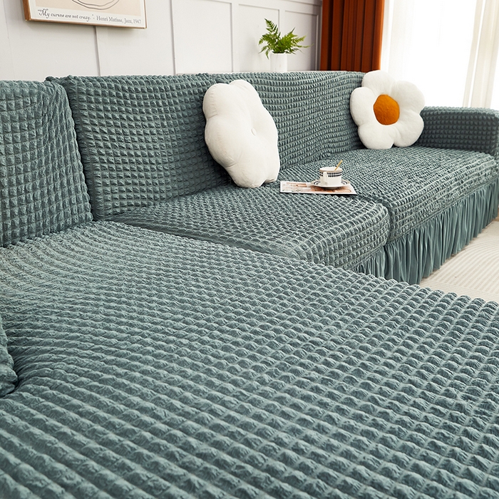 91家纺网 家纺一手货源 找家纺 丝绮鹿 2023新款爆米花裙边贵妃沙发套 绿色