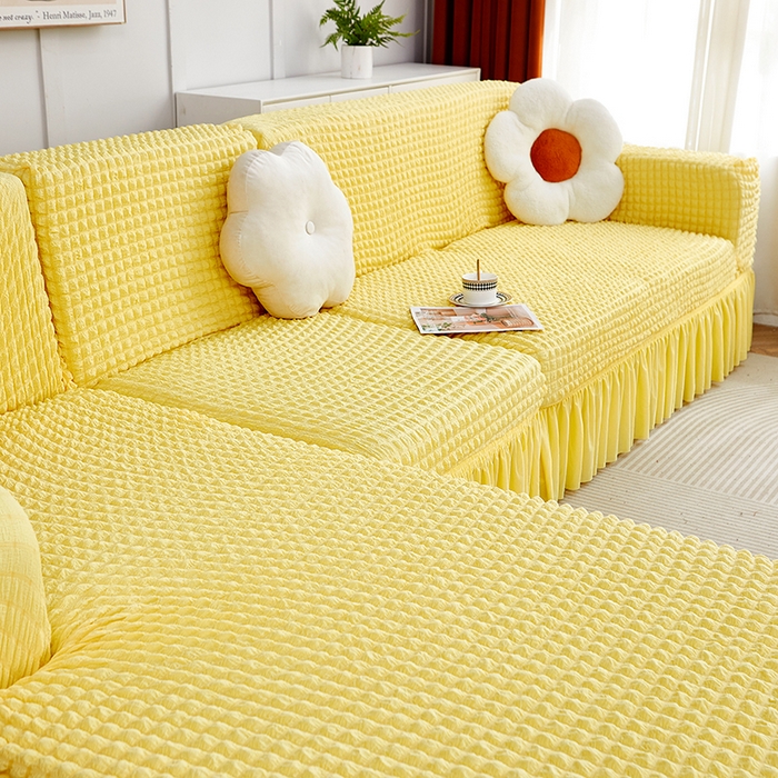 91家纺网 家纺一手货源 找家纺 丝绮鹿 2023新款爆米花裙边贵妃沙发套 柠檬黄