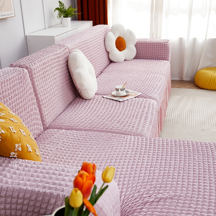 91家纺网 家纺一手货源 找家纺 丝绮鹿 2023新款爆米花裙边贵妃沙发套 粉色