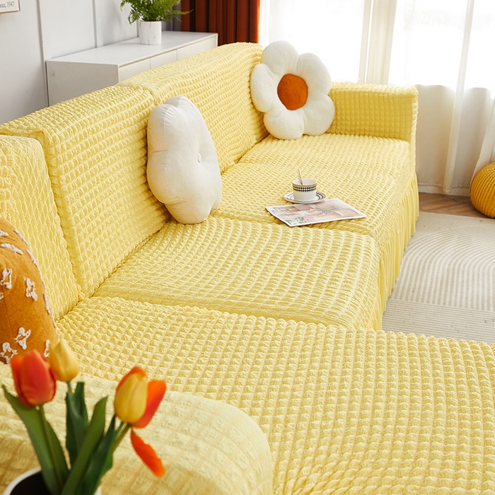 91家纺网 家纺一手货源 找家纺 丝绮鹿 2023新款爆米花裙边贵妃沙发套 柠檬黄