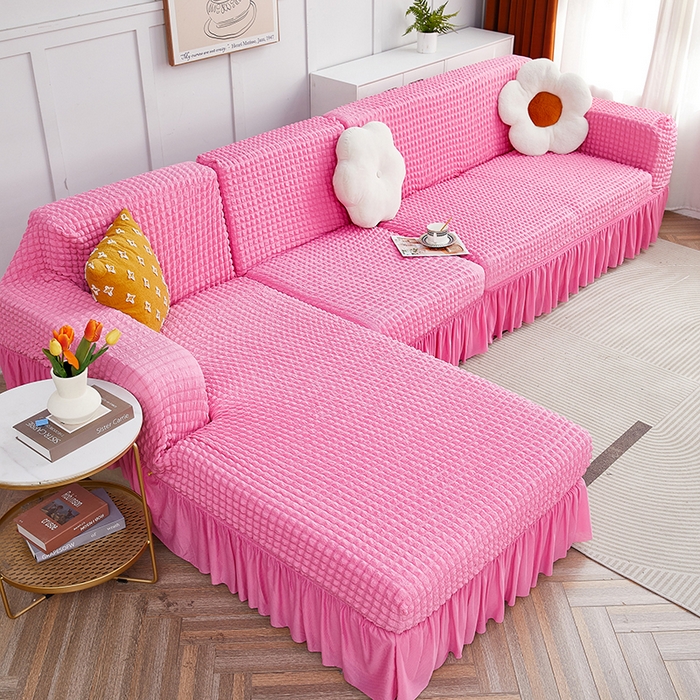 91家纺网 家纺一手货源 找家纺 丝绮鹿 2023新款爆米花裙边贵妃沙发套 玫红