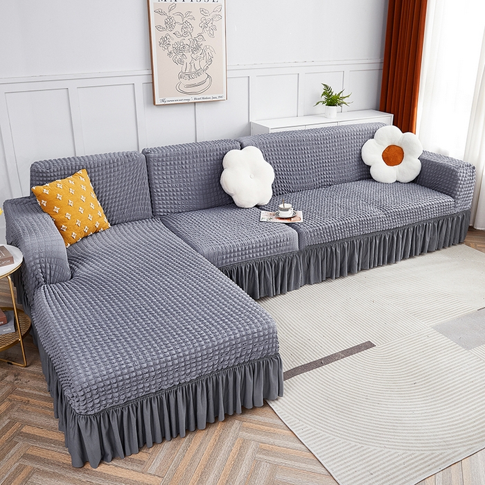 91家纺网 家纺一手货源 找家纺 丝绮鹿 2023新款爆米花裙边贵妃沙发套 银灰