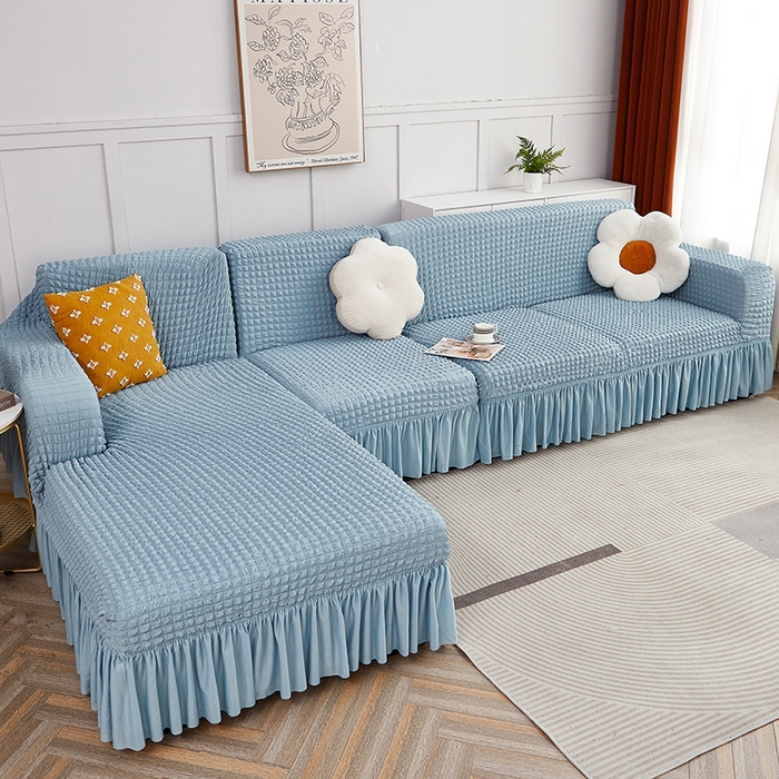 91家纺网 家纺一手货源 找家纺 丝绮鹿 2023新款爆米花裙边贵妃沙发套 雾霾蓝