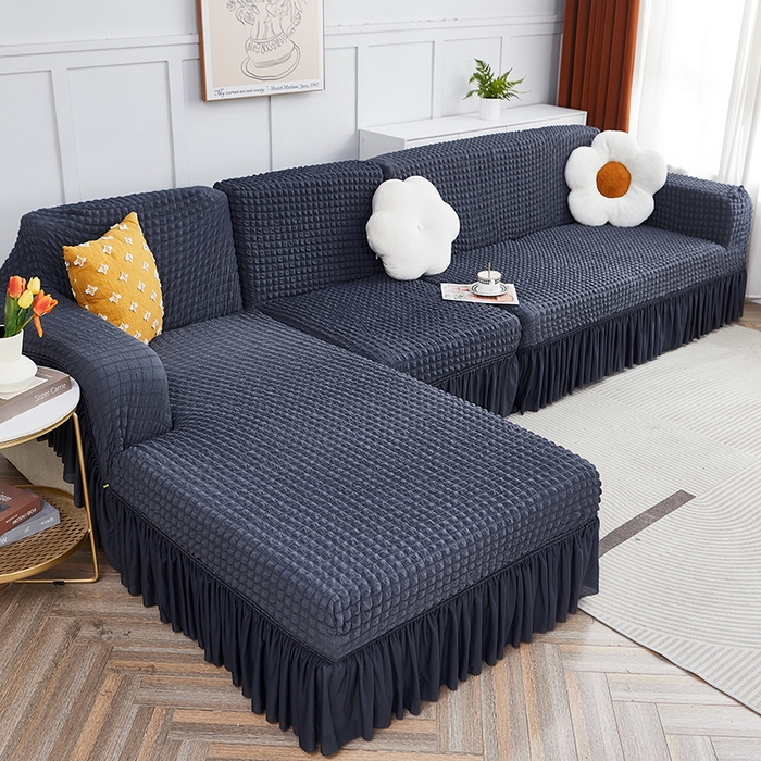 91家纺网 家纺一手货源 找家纺 丝绮鹿 2023新款爆米花裙边贵妃沙发套 碳灰