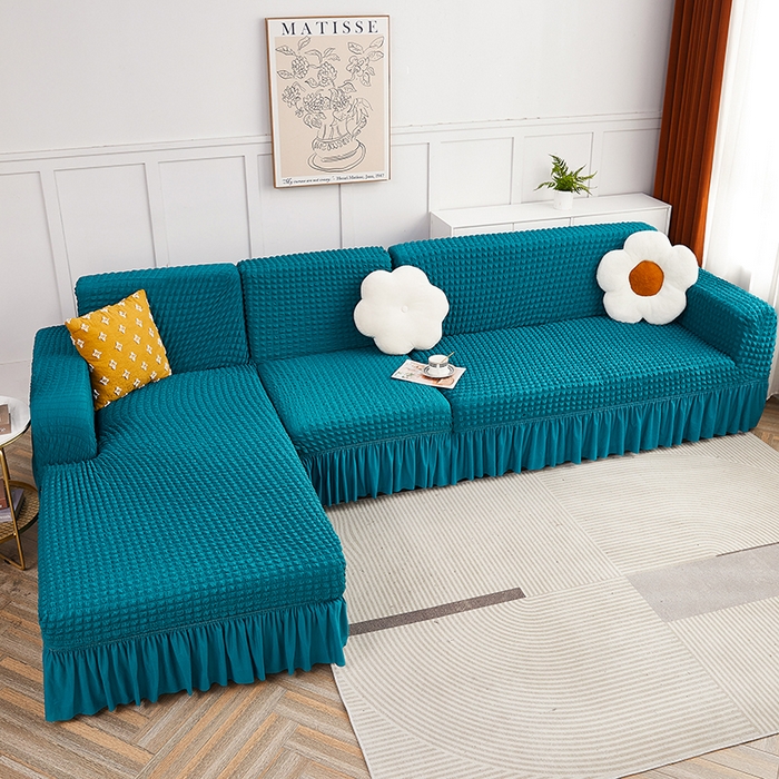 91家纺网 家纺一手货源 找家纺 丝绮鹿 2023新款爆米花裙边贵妃沙发套 黛蓝