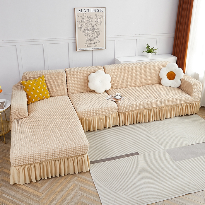 91家纺网 家纺一手货源 找家纺 丝绮鹿 2023新款爆米花裙边贵妃沙发套 米黄