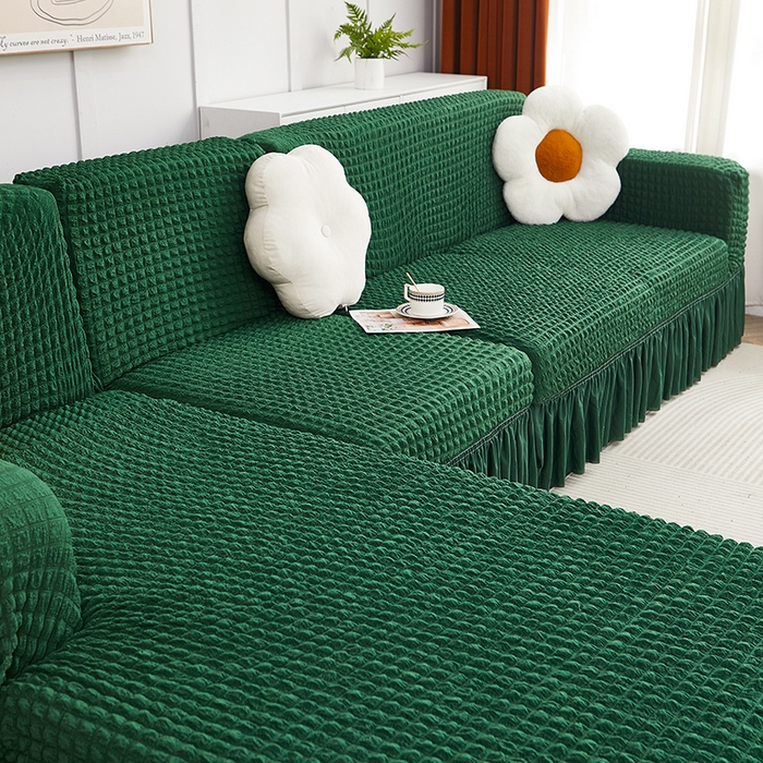 91家纺网 家纺一手货源 找家纺 丝绮鹿 2023新款爆米花裙边贵妃沙发套 墨绿