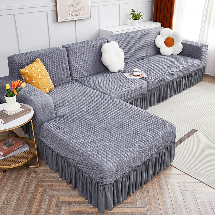 91家纺网 家纺一手货源 找家纺 丝绮鹿 2023新款爆米花裙边贵妃沙发套 银灰