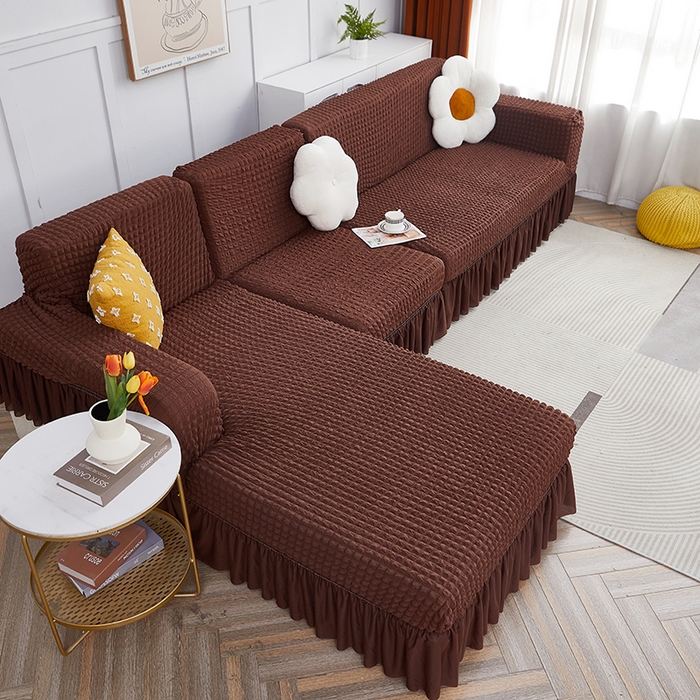 91家纺网 家纺一手货源 找家纺 丝绮鹿 2023新款爆米花裙边贵妃沙发套 咖啡