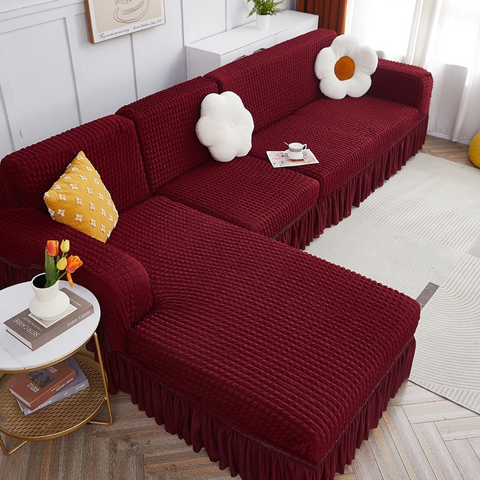 91家纺网 家纺一手货源 找家纺 丝绮鹿 2023新款爆米花裙边贵妃沙发套 酒红