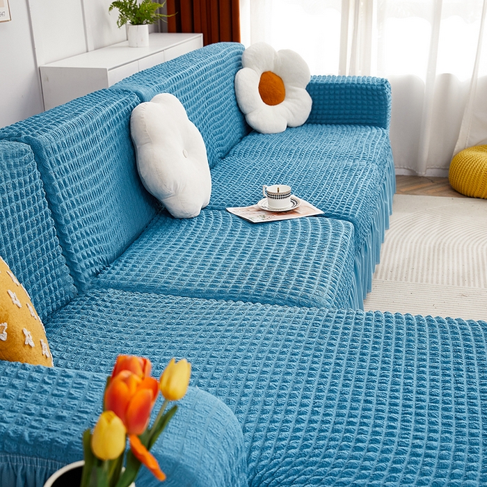 91家纺网 家纺一手货源 找家纺 丝绮鹿 2023新款爆米花裙边贵妃沙发套 湖蓝