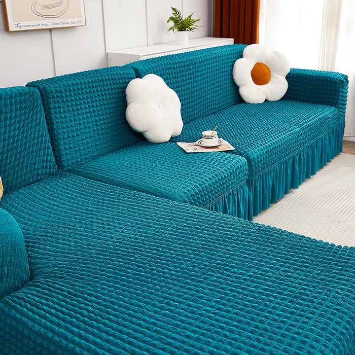 91家纺网 家纺一手货源 找家纺 丝绮鹿 2023新款爆米花裙边贵妃沙发套 黛蓝