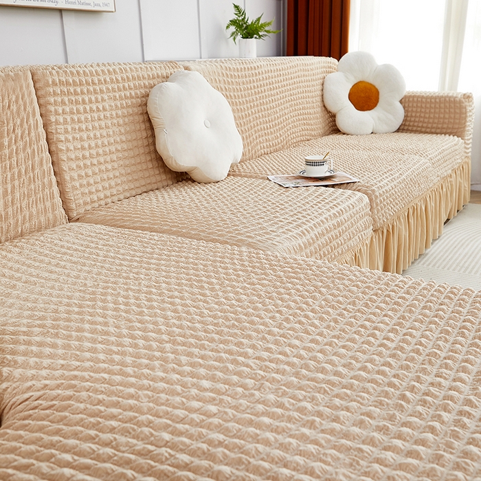 91家纺网 家纺一手货源 找家纺 丝绮鹿 2023新款爆米花裙边贵妃沙发套 米黄