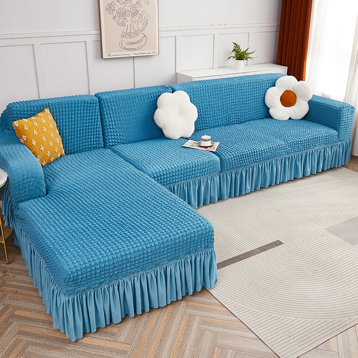 91家纺网 家纺一手货源 找家纺 丝绮鹿 2023新款爆米花裙边贵妃沙发套 湖蓝